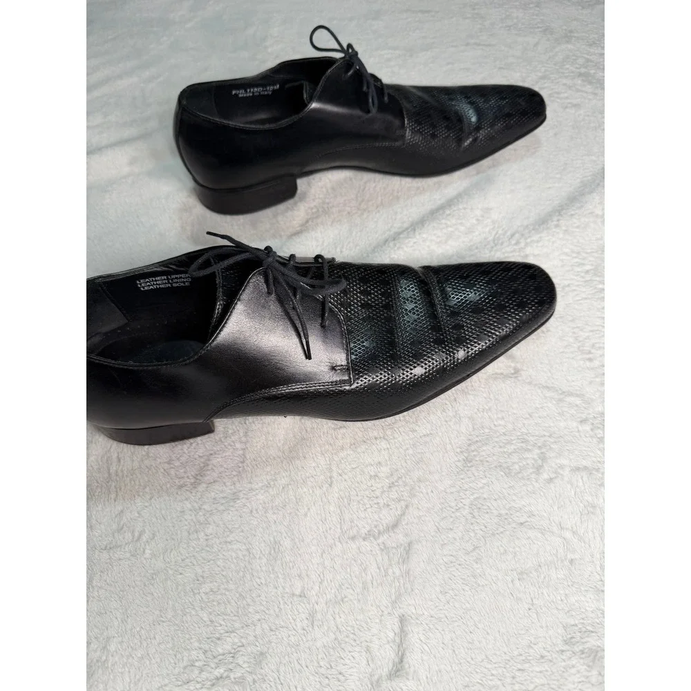 Paul Fredrick Mens Black Leather Textured Diamond Oxford Dress Shoes 12M Italy